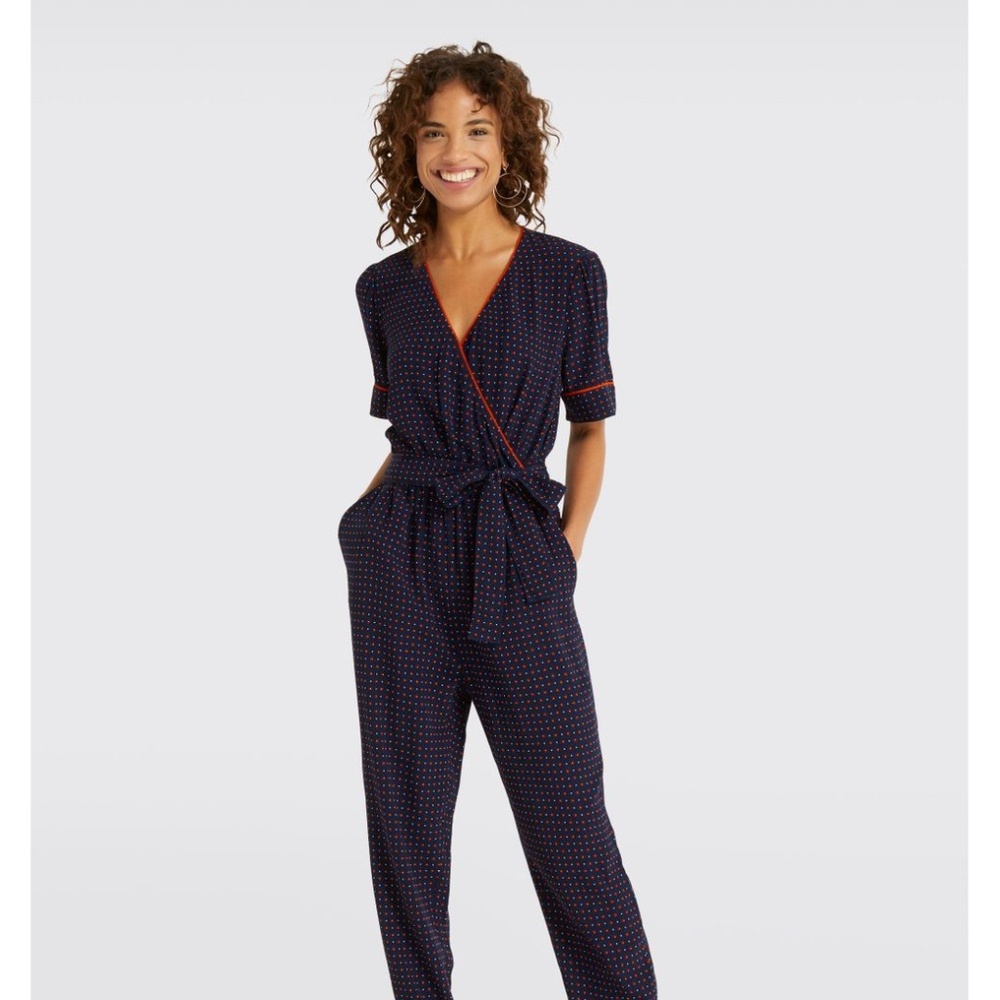 Draper James Self Tie Navy Foulard Jumpsuit
